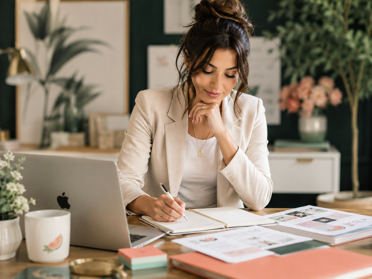 Laptop, not defteri ve içerik taslaklarıyla çalışan bir profesyonel üzerinden GEO uyumlu blog yazısı hazırlama ve içerik planlama sürecini anlatan Minty Melon blog görseli.
